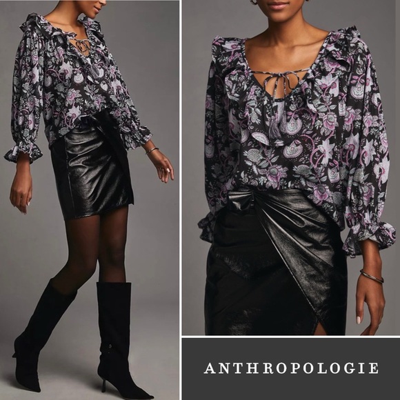 Anthropologie Tops - Anthropologie x Mille May Ruffle Long Sleeve Peasant Blouse Black Floral Medium